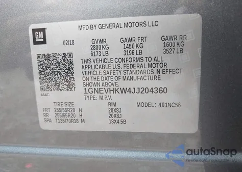 2018 Chevrolet Traverse 3Lt z USA, uszkodzony, nr VIN 1GNEVHKW4JJ204360